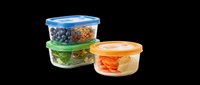 Plastic food storage containers with blue, green, and orange lids filled with blueberries, granola, salad, and carrots. Isolated on transparent background, ready for clipart, print-on-demand, sublimation, and design projects.