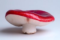 Red and white mushroom on light background, macro photography showing detailed texture and natural patterns of wild fungi specimen against neutral backdrop.