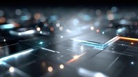 Futuristic digital grid with glowing lines and bokeh lights creating abstract technology network background for modern tech presentations.