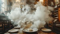 Dramatic restaurant scene with dense white smoke or steam rising from plates on rustic wooden table, perfect for food mystery or fine dining atmosphere.