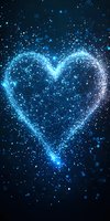 Glowing blue heart shape formed by connected dots and lines against dark background, with sparkling particles and bokeh effects creating magical atmosphere.