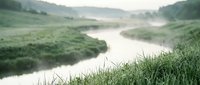 River winding through misty green valley with lush vegetation and forested hills, serene landscape for nature and travel projects.