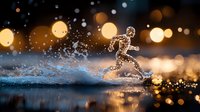 Running figure silhouette splashing through water at sunset with golden bokeh lights and water droplets creating magical atmospheric sports scene.