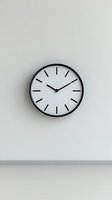 Minimalist round wall clock with black frame and simple line markers on white background, mounted on light gray wall. Clean modern design for office spaces.