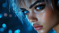 Close up portrait of young woman with glitter makeup, silver hair and bright blue eyes against dark background with bokeh lights for beauty and fashion industry.