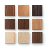 Wood texture samples in different shades of brown arranged in square grid pattern on white background, isolated material swatches for interior design and furniture.