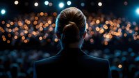 Woman silhouette from behind facing blurred audience and stage lights in dark auditorium, dramatic bokeh effect creates atmospheric mood at performance venue.