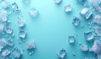 Ice cubes and crushed ice scattered around edges of turquoise background creating frame with empty center space for product placement.