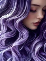 Young woman with flowing purple and silver wavy hair, closed eyes, and serene expression showcasing modern hair coloring and styling techniques for beauty and fashion designs.