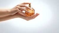 Elegant female hands gently holding luxury amber perfume bottle with golden cap against soft neutral background for beauty and fragrance concepts.