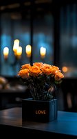 Orange roses in black box with love inscription against blurred candlelight background create romantic atmosphere for valentines and special occasions.