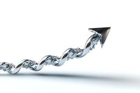 Metallic spiral arrow rising upward with dynamic twisted motion on light background, representing growth, progress and success in business visualization.