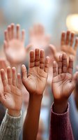 Multiple diverse hands raised up showing palms in unity gesture representing teamwork, volunteering, community support and social cooperation concept.