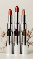 Luxury lipstick collection in silver tubes with various shades from nude to deep red arranged with dried pampas grass on neutral background.