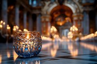 Ornate blue glass candle holder with glowing flame creates romantic atmosphere on marble surface, elegant church interior with golden lights and arches in background.