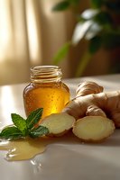 Fresh ginger root slices with golden honey jar and mint leaves on white surface in soft natural morning light, creating cozy wellness atmosphere.