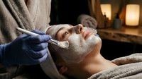 Young woman receiving professional facial treatment with clay mask at luxury spa salon with warm ambient lighting for skincare and wellness relaxation.