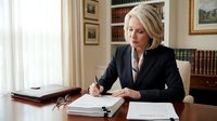Middle-aged woman with blonde hair, Caucasian ethnicity, wearing professional dark blazer and white blouse, writing at wooden desk in elegant office setting with bookshelves and framed artwork, suitable for business, corporate, and professional themes.