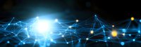 Glowing blue network connections with bright nodes on dark background forming digital communication web pattern. Modern technology concept.