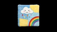 Soft fabric book featuring a smiling cloud character with colorful raindrops and rainbow design. Isolated on transparent background, ready for clipart, print-on-demand products, t-shirt designs, stickers, and sublimation projects.