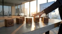 Business professional arranging wooden blocks with partnership icons on office desk during golden hour sunset, representing teamwork and collaboration strategy.