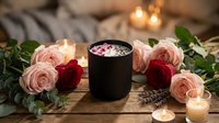 Romantic spa setting with pink and red roses, aromatic candle, and tea lights on rustic wooden surface creating relaxing wellness atmosphere for Valentine's Day.
