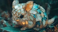 Magical mosaic mouse with luminous crystal fragments in turquoise and gold tones glowing against dark background, fantasy art creature for decorative design.