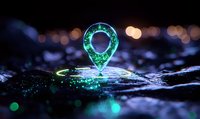 Glowing green location pin marker on dark reflective surface with bokeh lights background creates futuristic technology atmosphere for business concepts.
