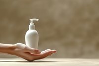 White blank cosmetic pump bottle floating above female hand against neutral beige background, perfect for skincare product mockup.