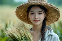 Young Asian woman in straw hat holding wheat stalks against blurred summer field background, natural soft lighting creates peaceful rural atmosphere.