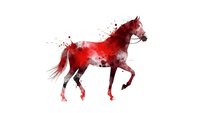 Red watercolor horse silhouette with paint splashes and drips isolated on white background for artistic design projects and equestrian themed artwork.