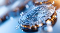 Macro shot of metallic bitcoin cryptocurrency coin with golden and blue tones, showing intricate circuit patterns and reflective surface details in selective focus.