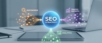 Digital marketing concept with SEO strategy hologram displaying keywords, analytics and traffic growth icons above modern tablet device.