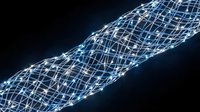 Abstract digital tunnel with glowing blue and white connected lines forming a flowing mesh structure against dark background, representing technology, data flow, and network connectivity.