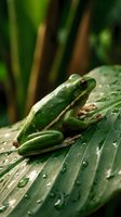 Green tree frog sitting on wet tropical leaf with water droplets in lush rainforest environment for nature and wildlife photography concepts.