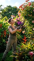 Woman gardener pruning climbing roses in sunny garden with colorful flowering plants and green foliage, suitable for gardening, horticulture, and outdoor lifestyle content.