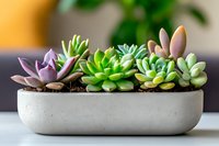 Colorful succulent plants growing in modern concrete planter on light background, selective focus. Trendy home gardening and interior decoration.