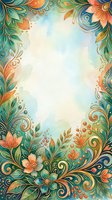 Watercolor floral frame with golden swirls, teal leaves, and coral flowers surrounding a soft pastel center, perfect for cards and invitations.