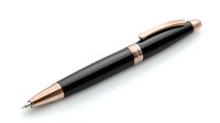 Elegant black ballpoint pen with rose gold accents isolated on white background for business stationery and office supplies design projects.