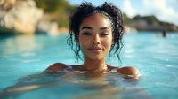 Young African American woman with curly hair swimming in turquoise tropical water, enjoying summer vacation with natural glowing skin and serene expression.