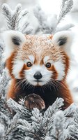 Close-up portrait of red panda among snow-covered pine branches, looking directly at camera with curious expression against winter nature background.