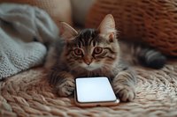 Fluffy tabby cat lying on cozy blanket looking at smartphone screen with curious expression, warm brown tones create relaxing atmosphere for social media and tech concepts.