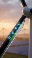 Smart wind turbine with digital interface displaying connectivity icons and data analytics at sunset for renewable energy monitoring and control systems.