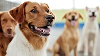Happy brown and white Labrador Retriever with open mouth smiling at camera, surrounded by other dogs outdoors. Suitable for pet care, veterinary, and animal training content.
