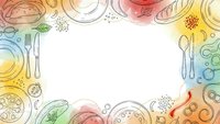 Watercolor kitchen utensils and dishes frame with colorful plates, cups, cutlery creating decorative border for culinary design projects and cooking content.
