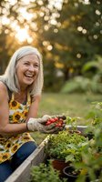 Happy mature Caucasian woman with gray hair harvesting fresh tomatoes in sunny garden wearing sunflower apron and gardening gloves with warm bokeh background.