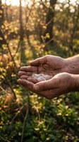 Cupped hands holding clear water droplets in golden sunlight with blurred autumn forest background symbolizing environmental conservation and natural resources.