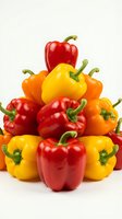 Stacked fresh bell peppers in red, yellow, and orange varieties with green stems isolated on white background for culinary and food design projects.