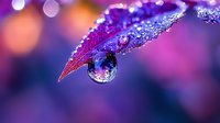 Macro photography of water drop on purple leaf with bokeh background creates magical refraction effect, showing nature's delicate beauty in vibrant purple and pink tones.