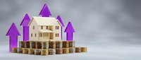 Wooden house model on stacked coins with rising purple arrows, symbolizing real estate investment growth and property value increase.